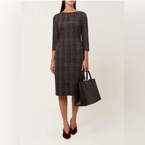 Hobbs London Josie Gray Tartan-Style Check 3/4 Sleeve Shift Dress Stretch Sz 14